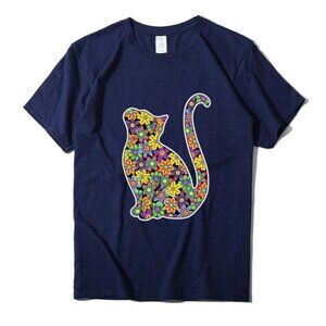 Floral Cat Motif Tee, Size L